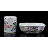 Porcelain Famille Verte brush pot and a contoured bowl
