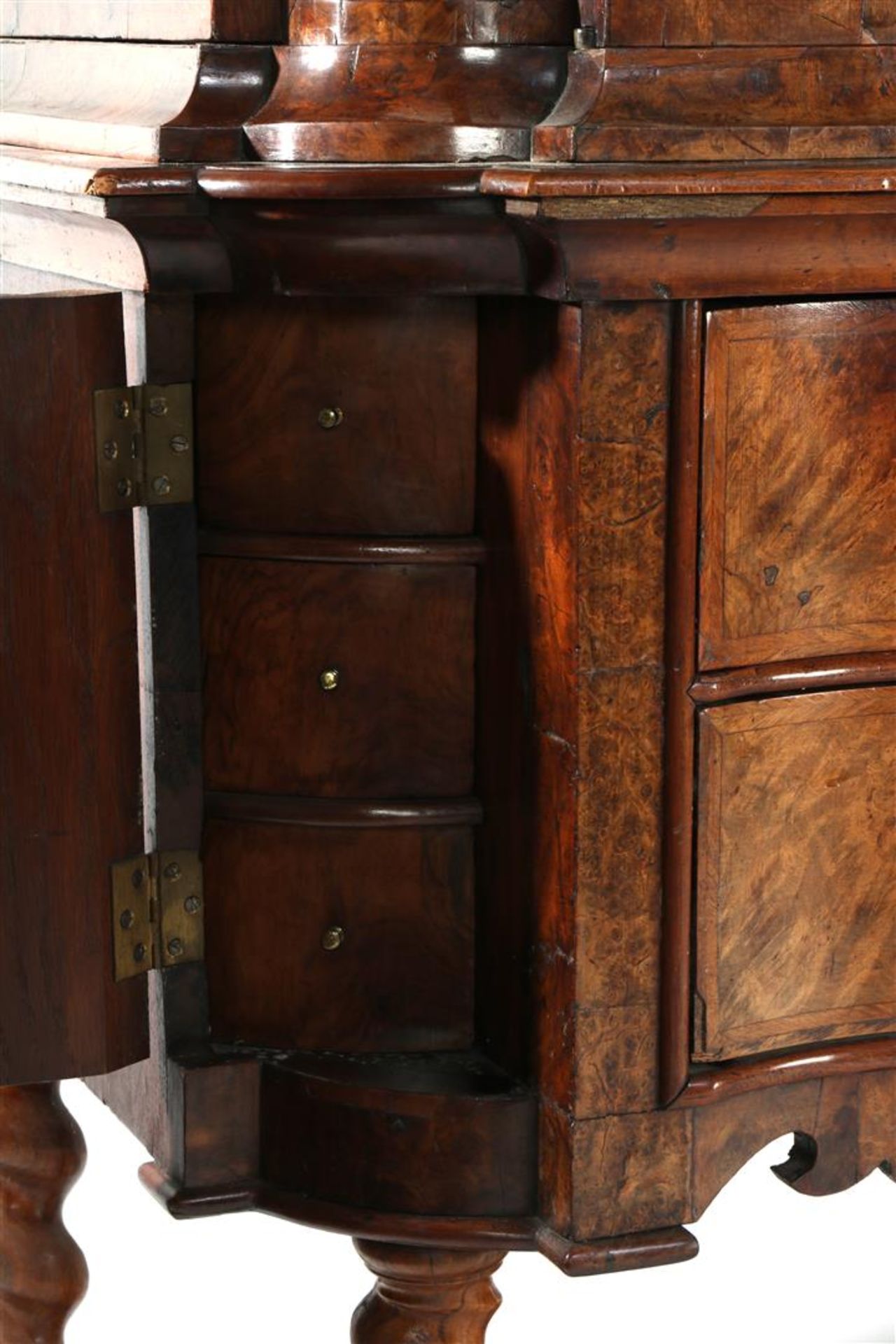 Burr walnut veneer on oak cross legged cabinet - Image 2 of 5