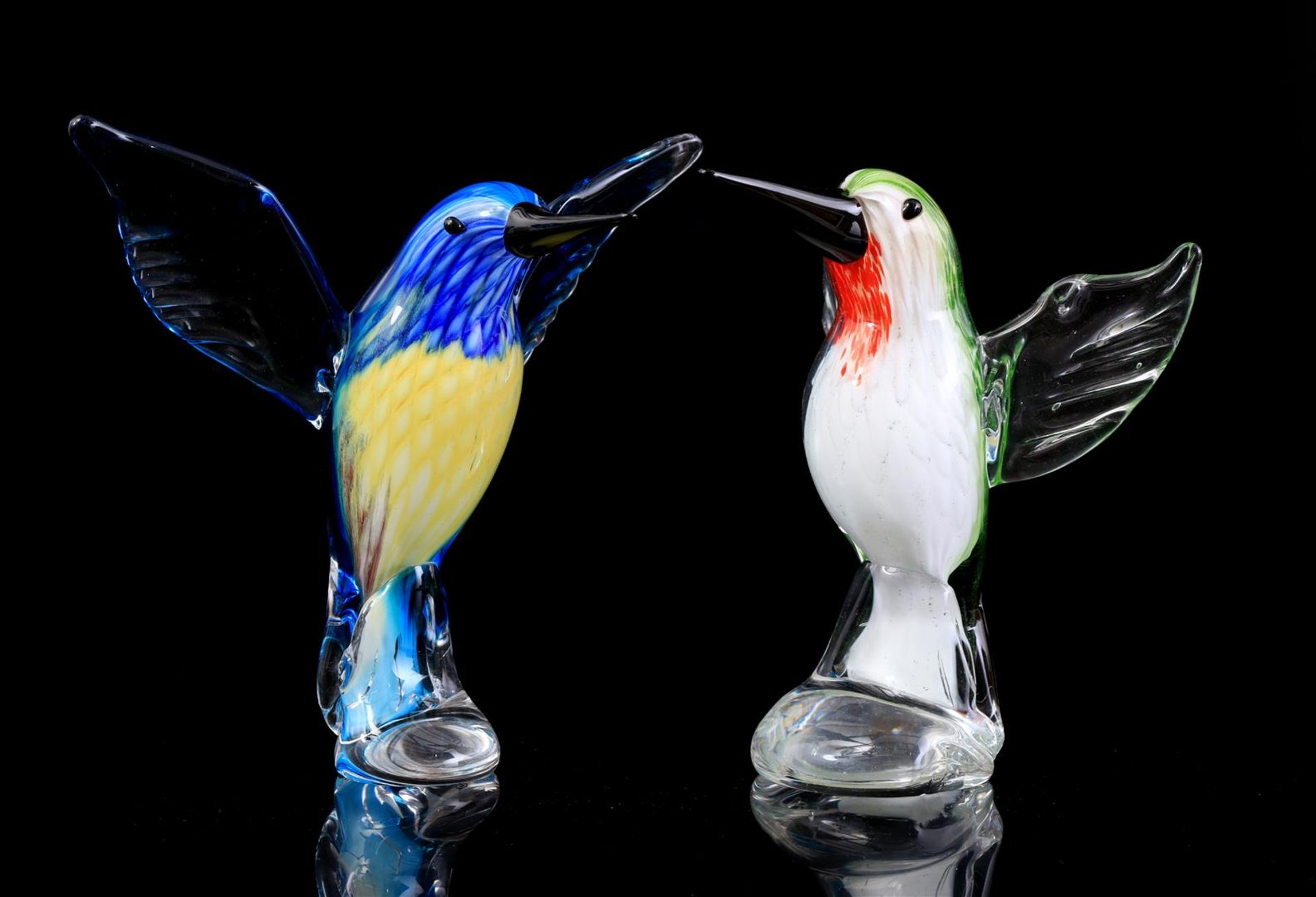 2 glass ornamental birds