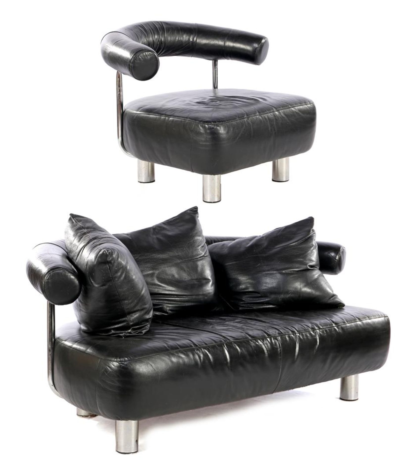 Leather two-seater sofa and armchair