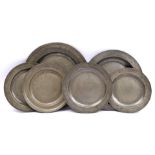 6 pewter dishes with initials and worn marks