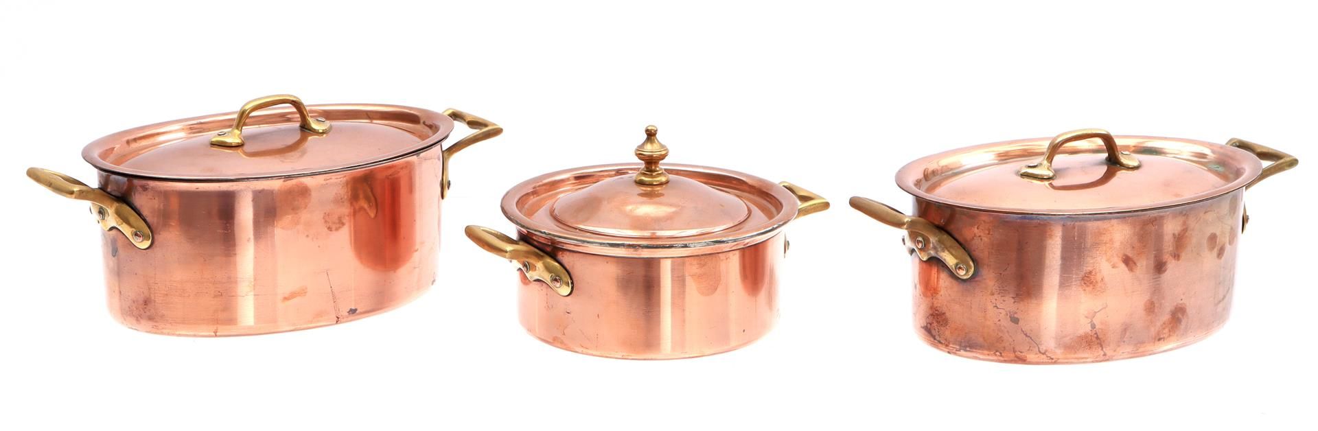 3 red copper lidded pans