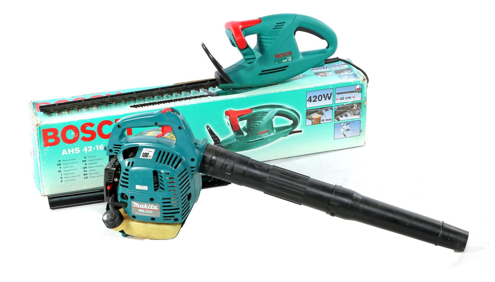 Makita leaf blower and Bosch hedge trimmer