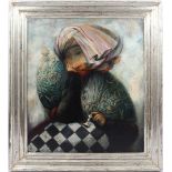 Woman at chessboard