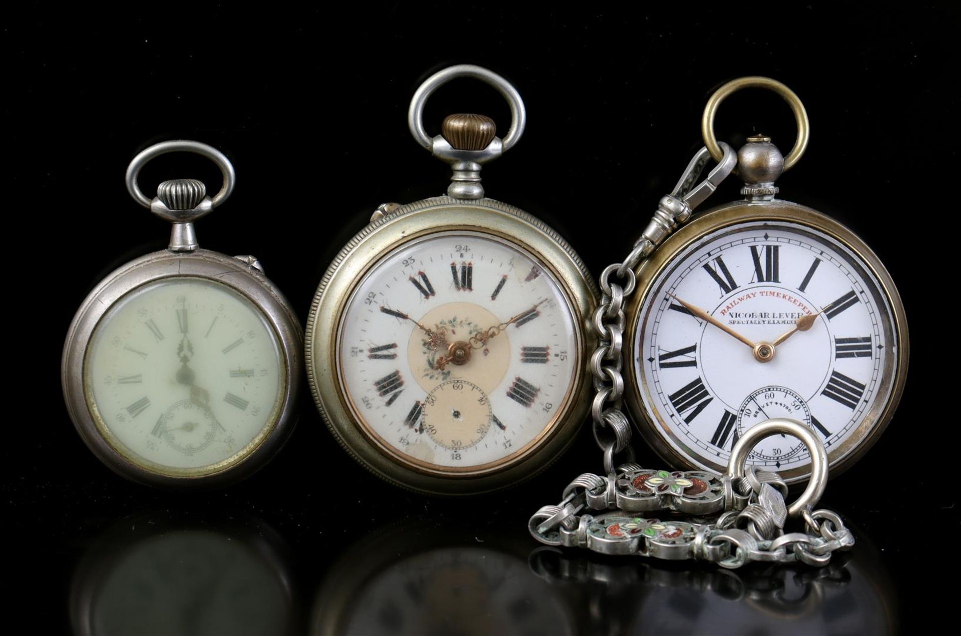 3 various vest pocket watches in base case