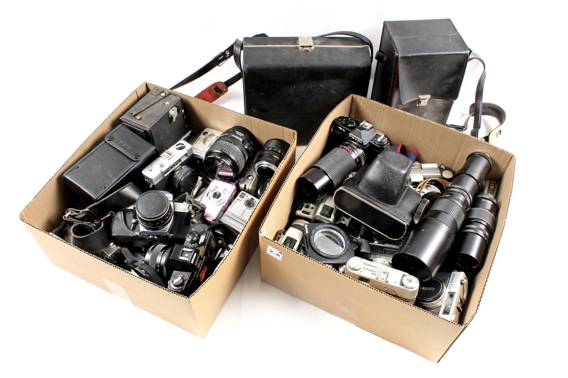 2 boxes with various cameras