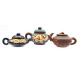 3 earthenware Yixing tea pots with blue decor