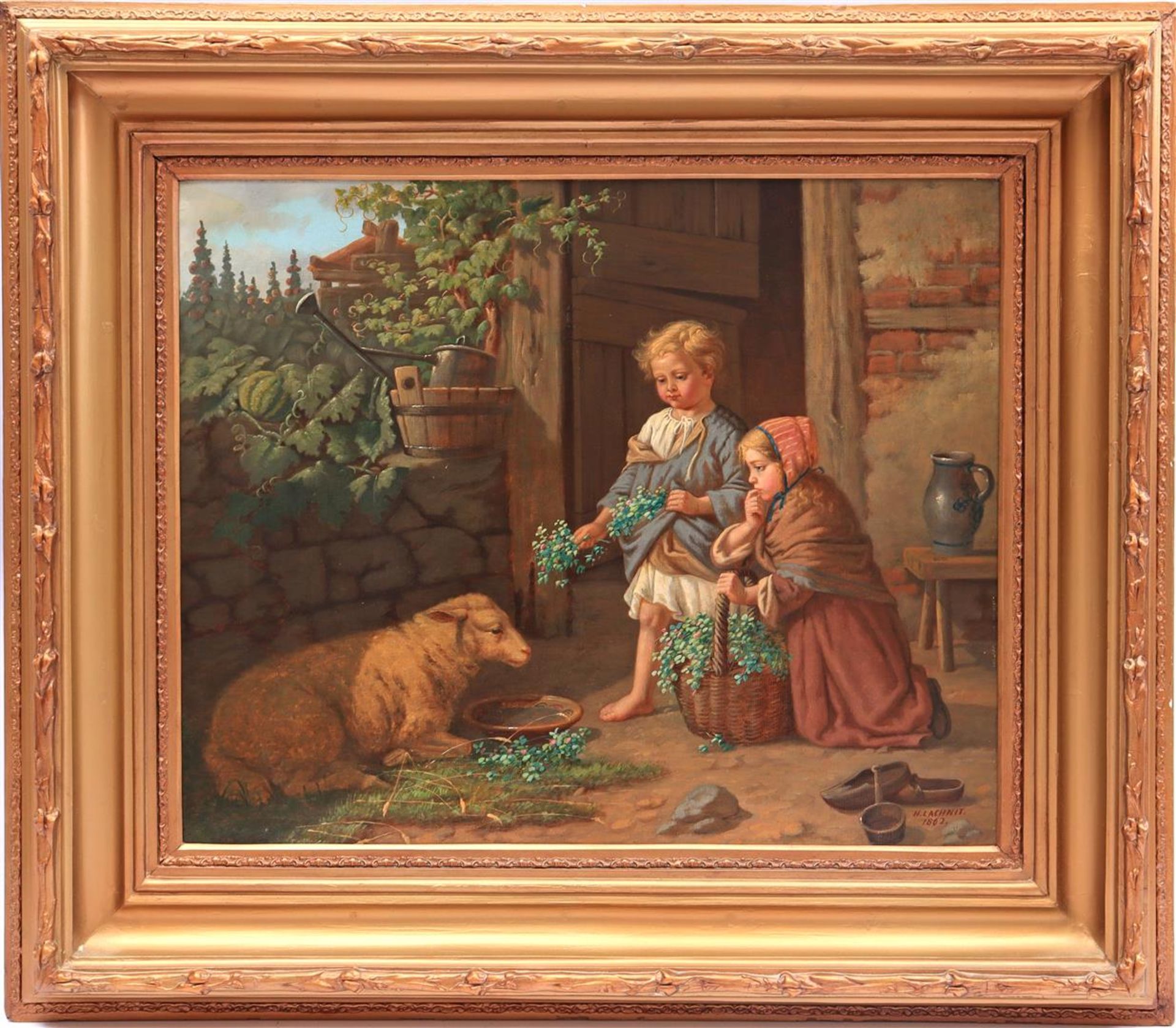 Signed H Lachnit, scene with sheep and children