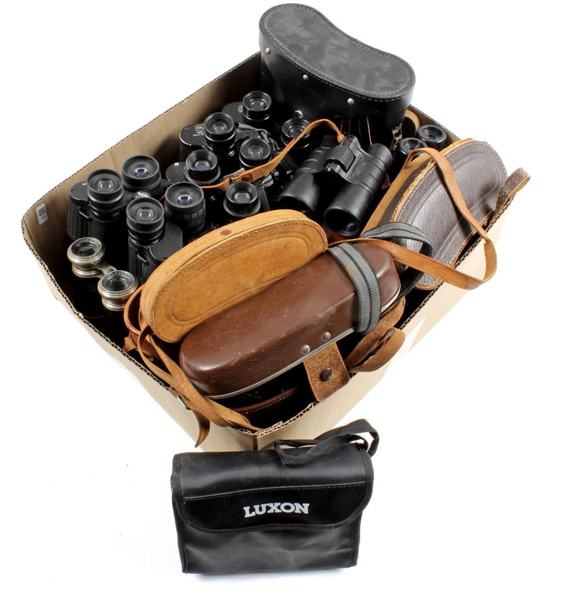 Box of various binoculars