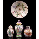 3 porcelain lidded vases and a round dish