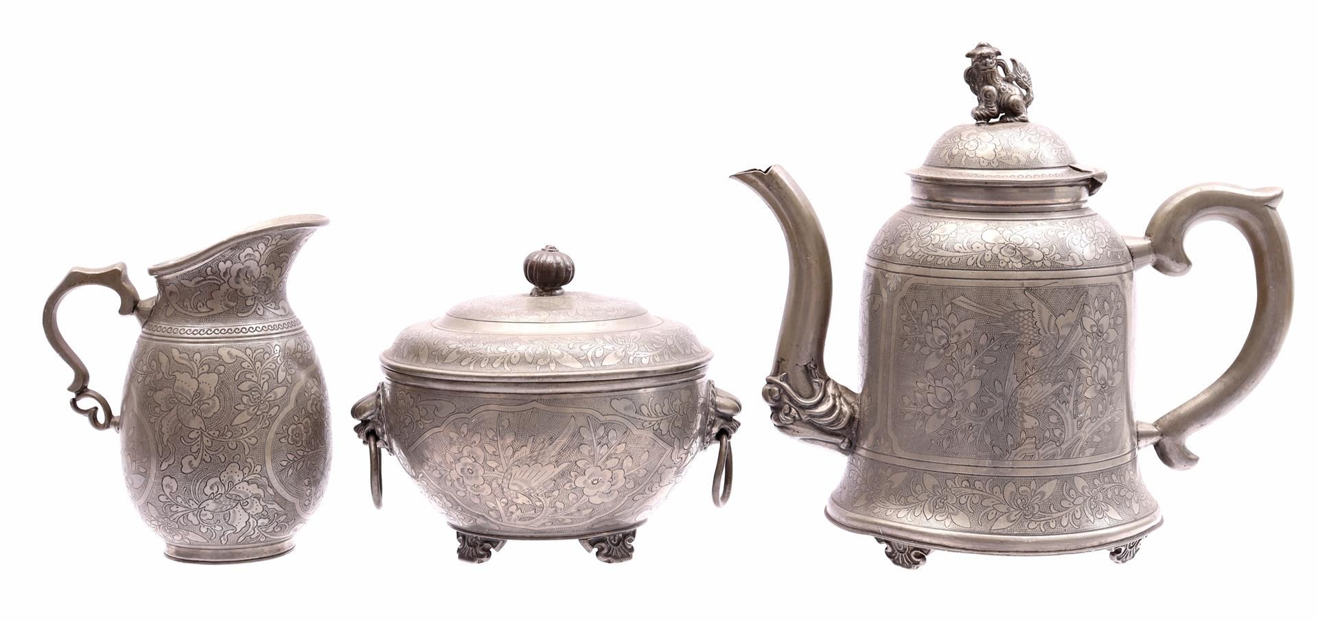 Pewter teapot, milk jug and lidded pot