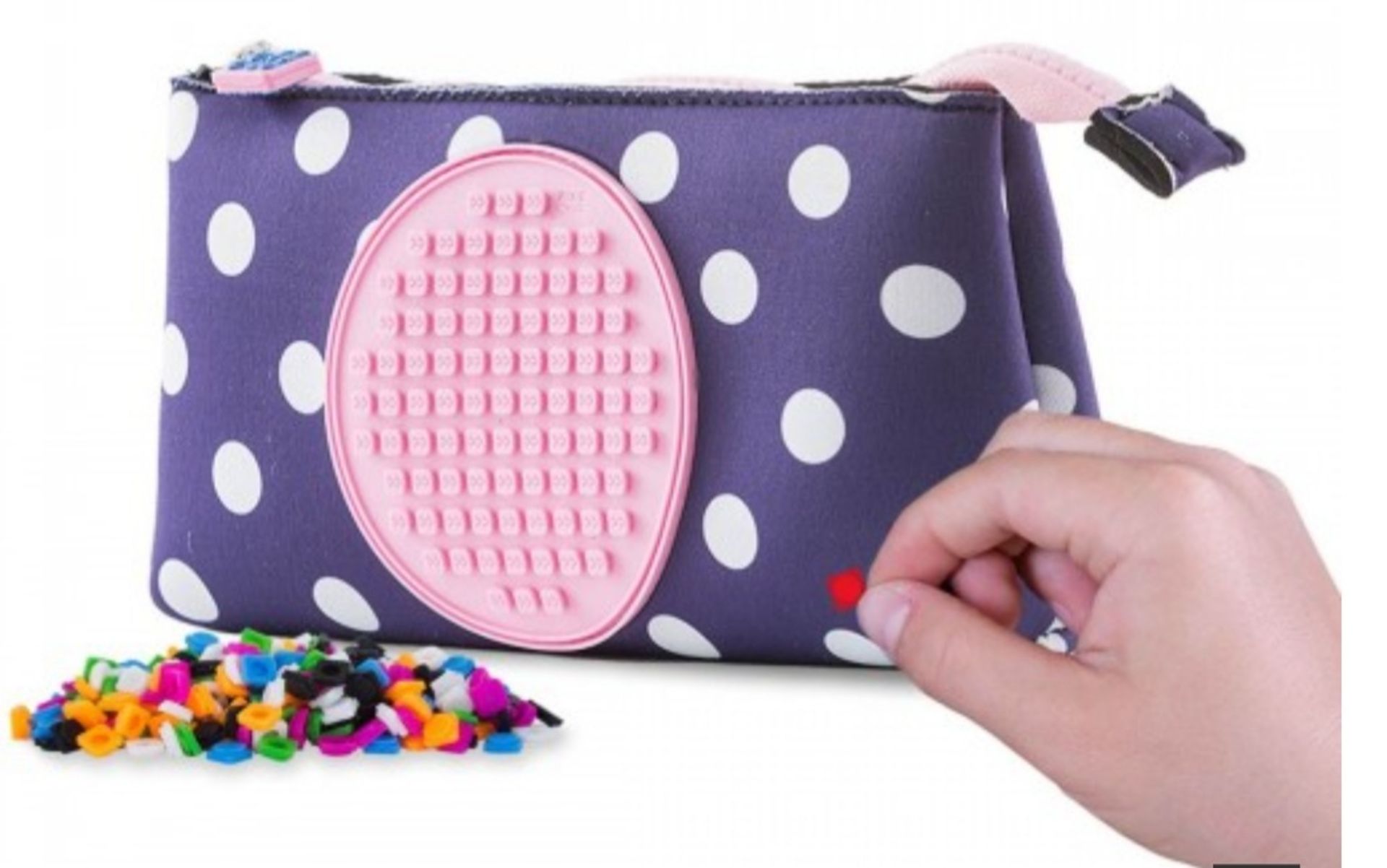 X 10 PIXEL CREW CREATIVE LARGE BLUE POUCH WITH WHITE DOTS AND PINK POLKA. TOTAL RRP £140