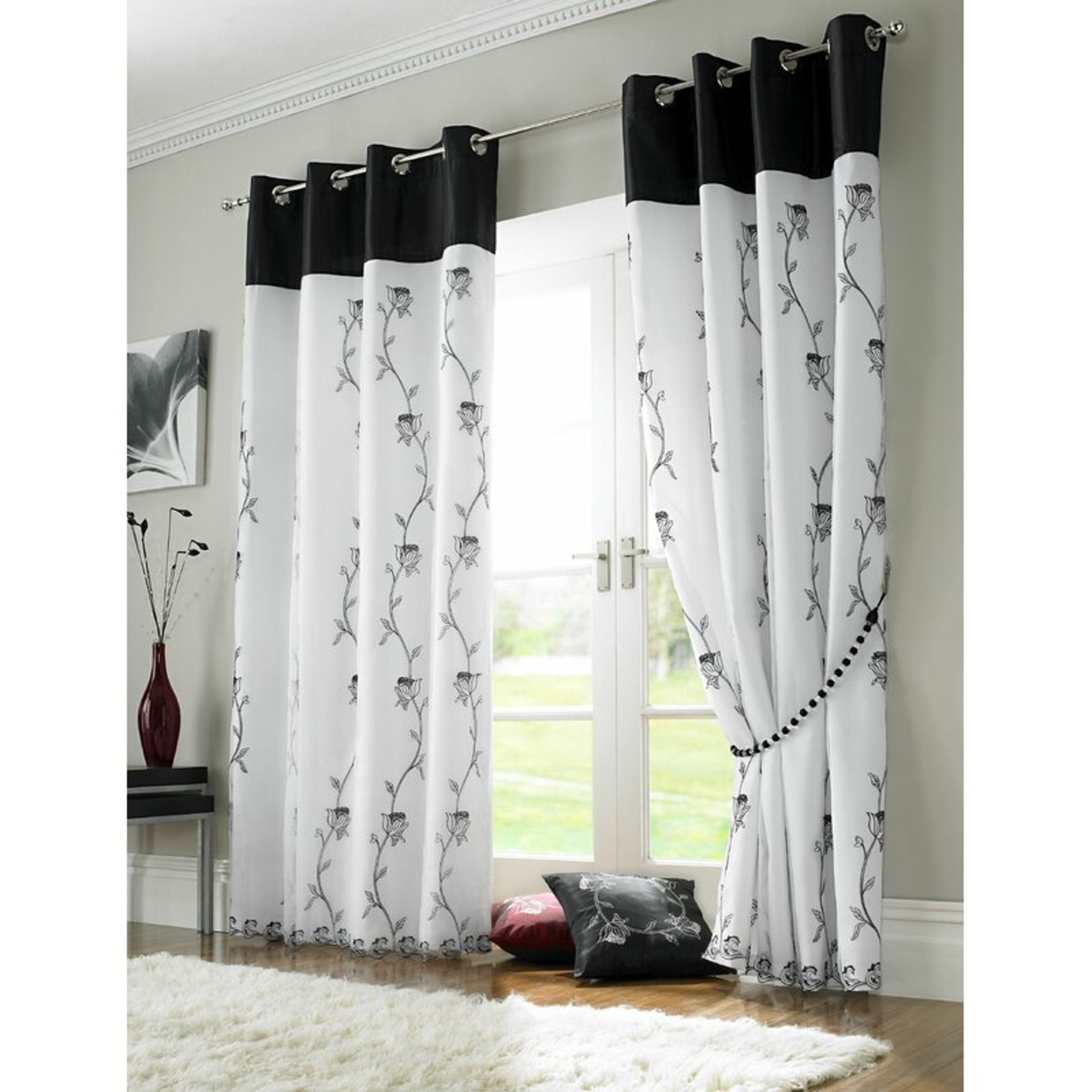 ONE PAIR OF GOTHANKAR EYELET SEMI SHEET CURTAINS PANEL, COLOUR BLACK, SIZE: 142CM X183cm. RRP £54.