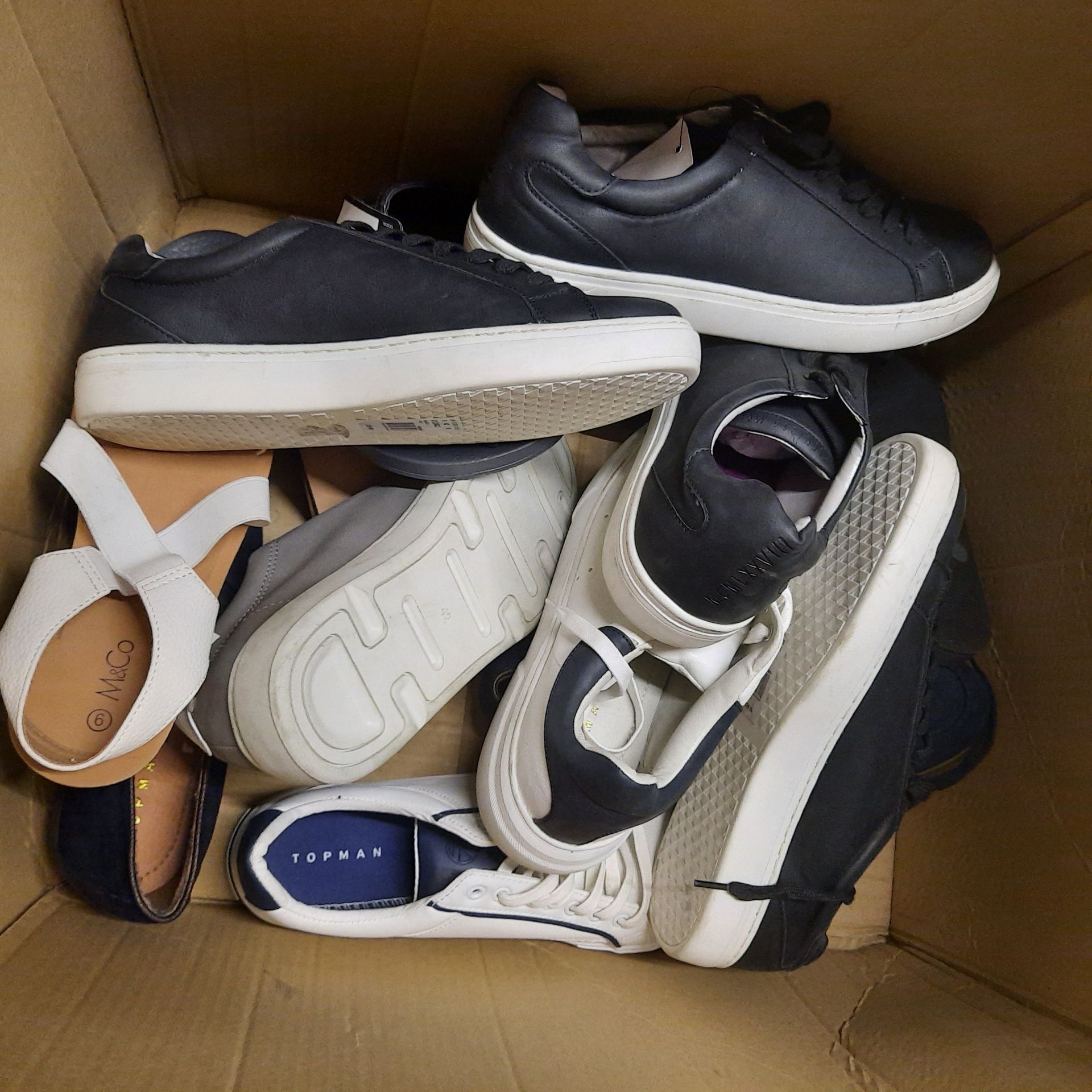 HALF BOX OF ODD TRAINERS & LADIES SANDDLES IN VARIOUS SIZES DESIGN AND COLOURS.