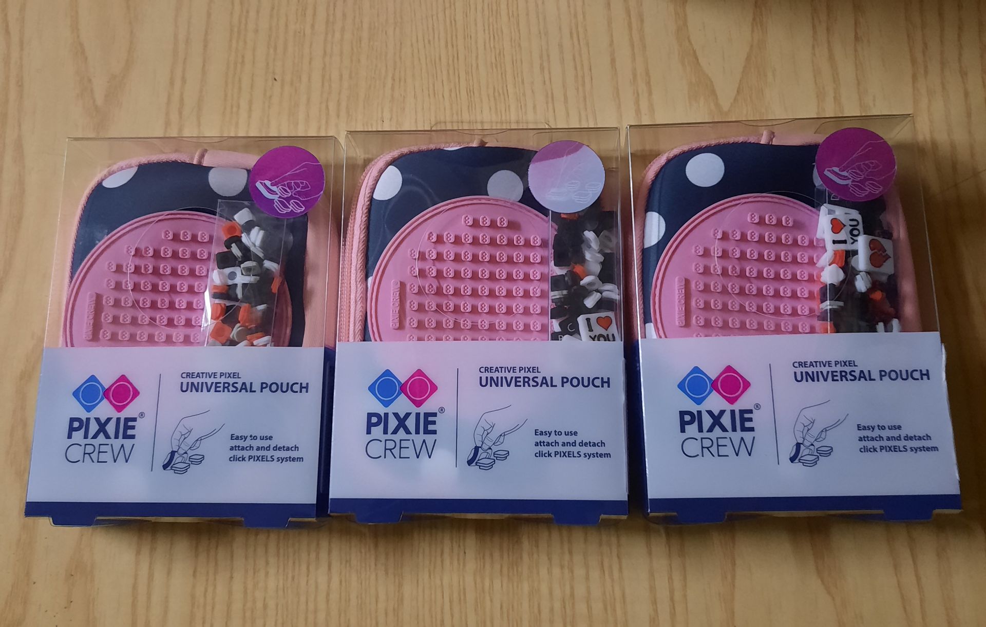 X 3 BRAND NEW PIXIE FREW CREATIVE PIXEL UNIVERSAL POUCH - BLUE - WITH WHITE DOTS AND PINK POLKA