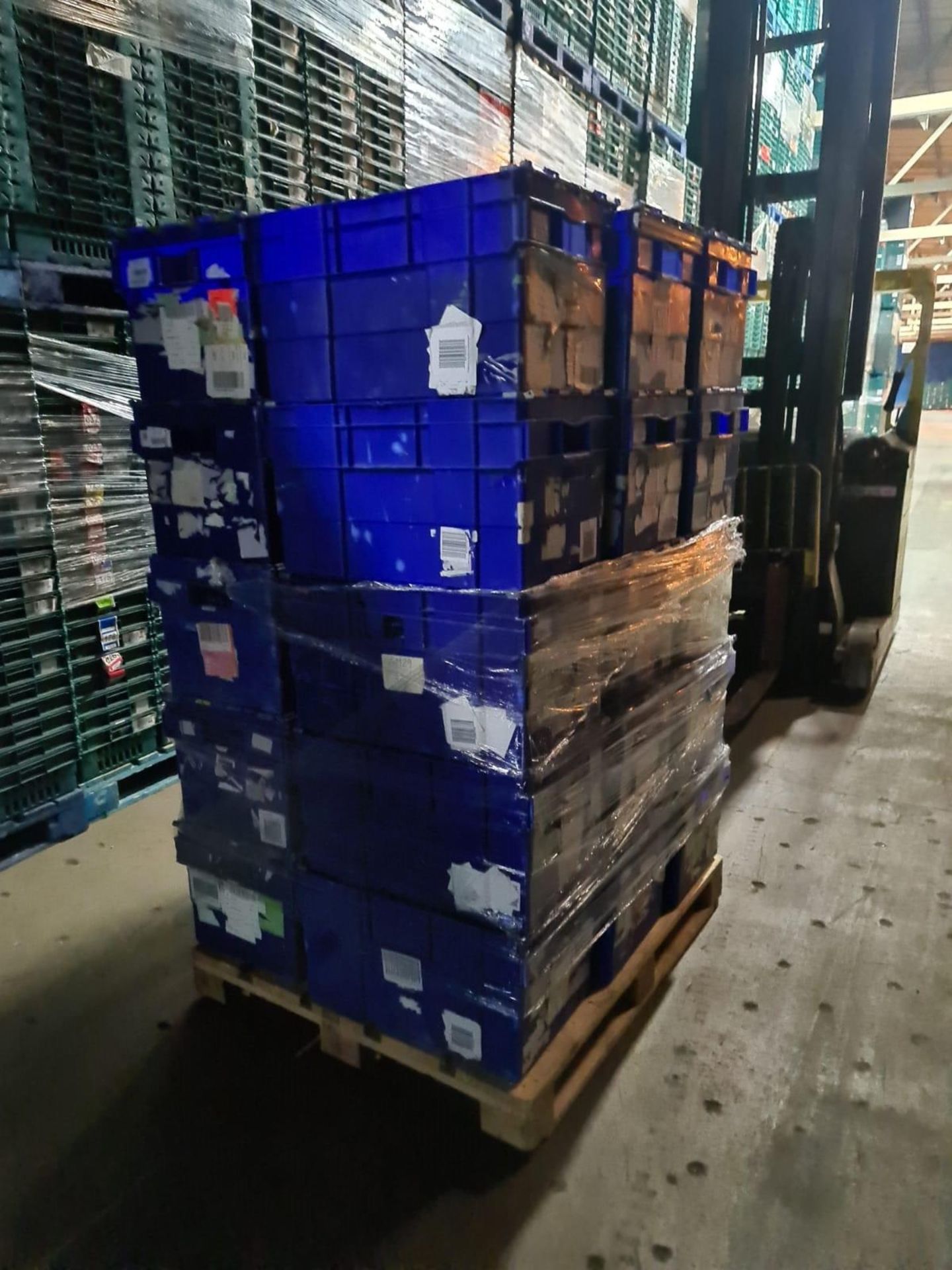 Pallet of 70 x used Blue Solid industrial storage containers/tote boxes from M&S.