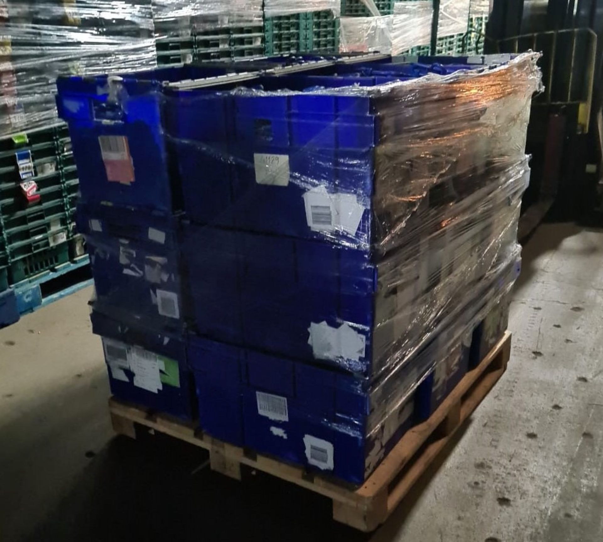 Pallet of 30 x used Blue Solid industrial storage containers/tote boxes from M&S.