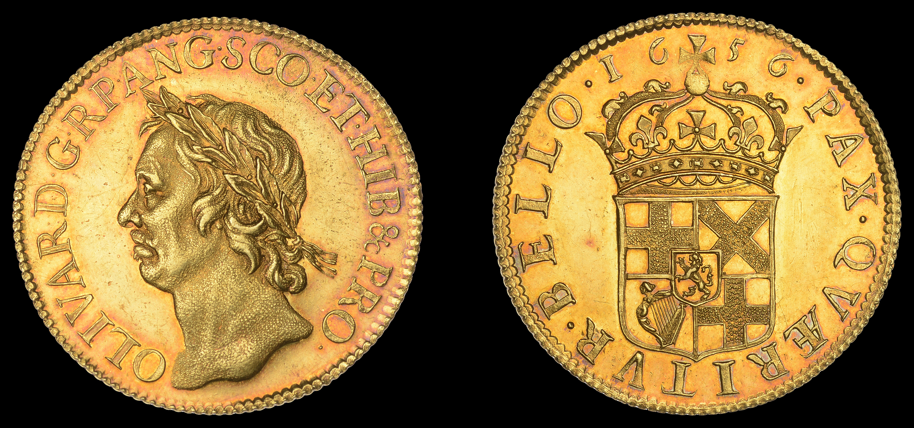 IV: Coins of Oliver Cromwell, Pattern Broad of 20 Shillings, 1656, by T. Simon, in gold, from the