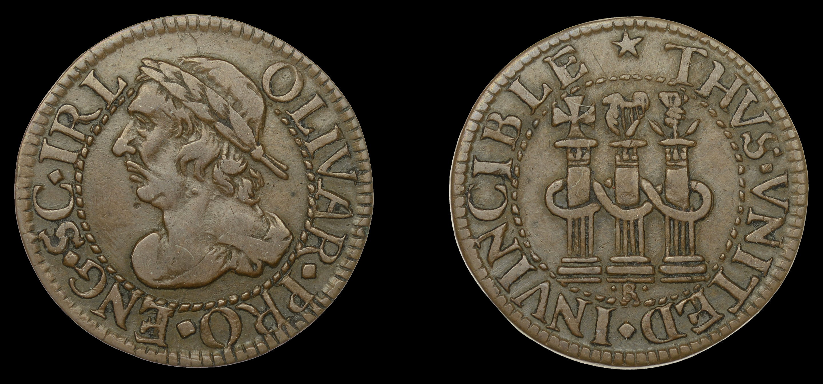 IV: Coins of Oliver Cromwell, Farthing, undated, by D. Ramage, from the same obv. die as previous,