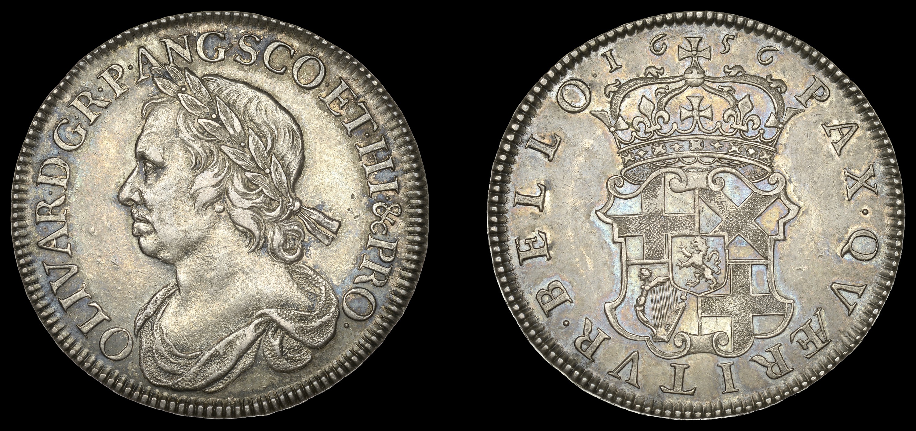 IV: Coins of Oliver Cromwell, Halfcrown, 1656, laureate bust left, olivar d g r p ang sco et hi &c