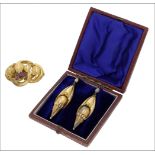 A pair of Victorian gilt ear pendants, of hollow construction, composed of tapering surmounts