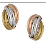 A pair of 9ct ‘Trinity’ style earrings, the three entwined hoops of yellow, white, and rose gold, to