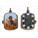 An Egyptian souvenir locket, circa 1920s, the hinged gilt locket enamelled with a scene of the Great