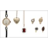 A collection of assorted jewellery, including a 9ct wristwatch by Tempo with leather strap, a 9ct