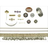 A collection of jewellery, comprising nine assorted brooches, two Scottish hardstone brooches, a