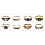 A collection of eight assorted rings, including a 19th century blue enamel and half pearl ring, an