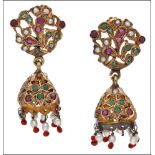 A pair of Indian chandelier earpendants, set throughout with rubies, emeralds, and seed pearls, each