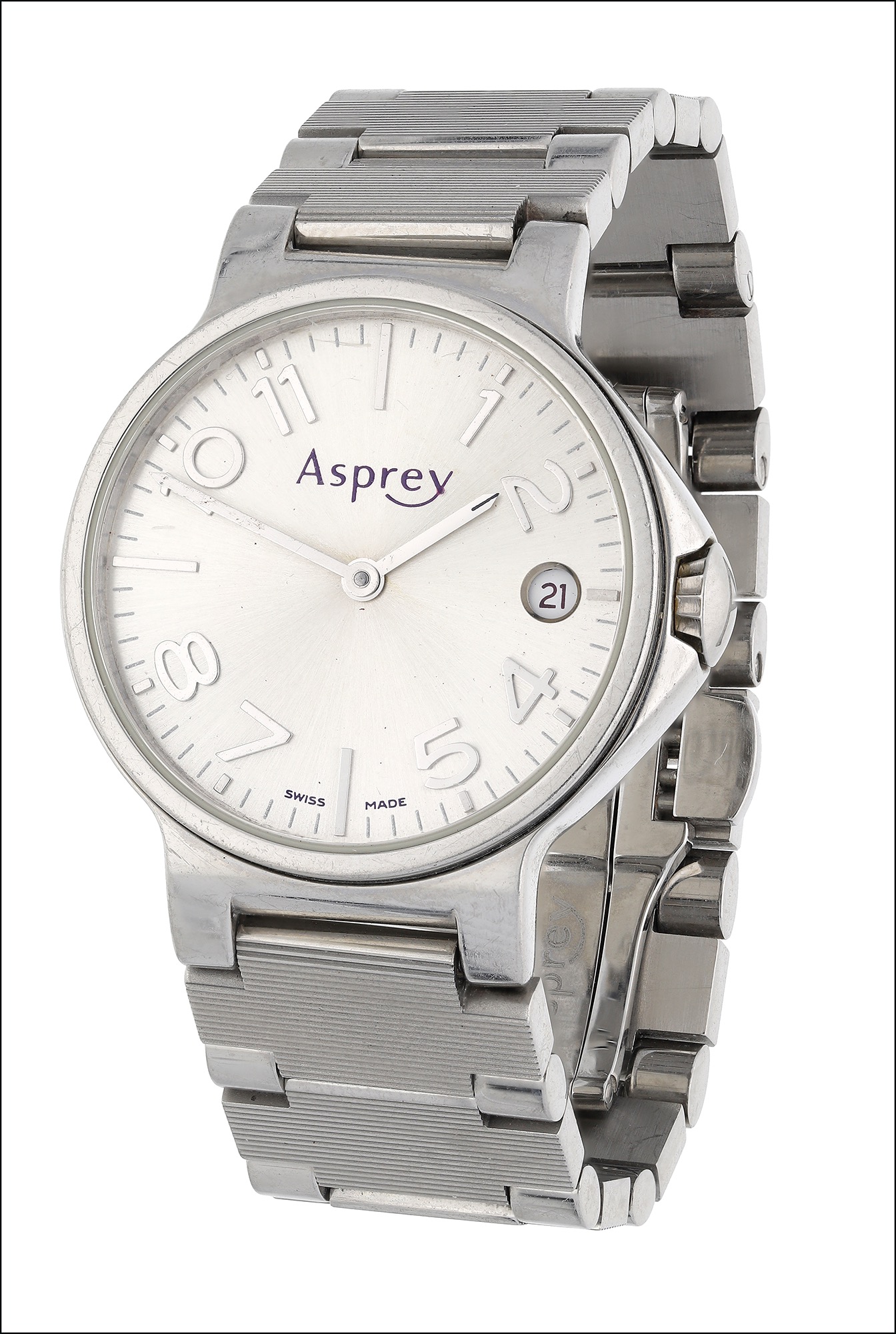 A stainless steel No 8 calendar quartz wristwatch retailed by Asprey, the circular silvered dial