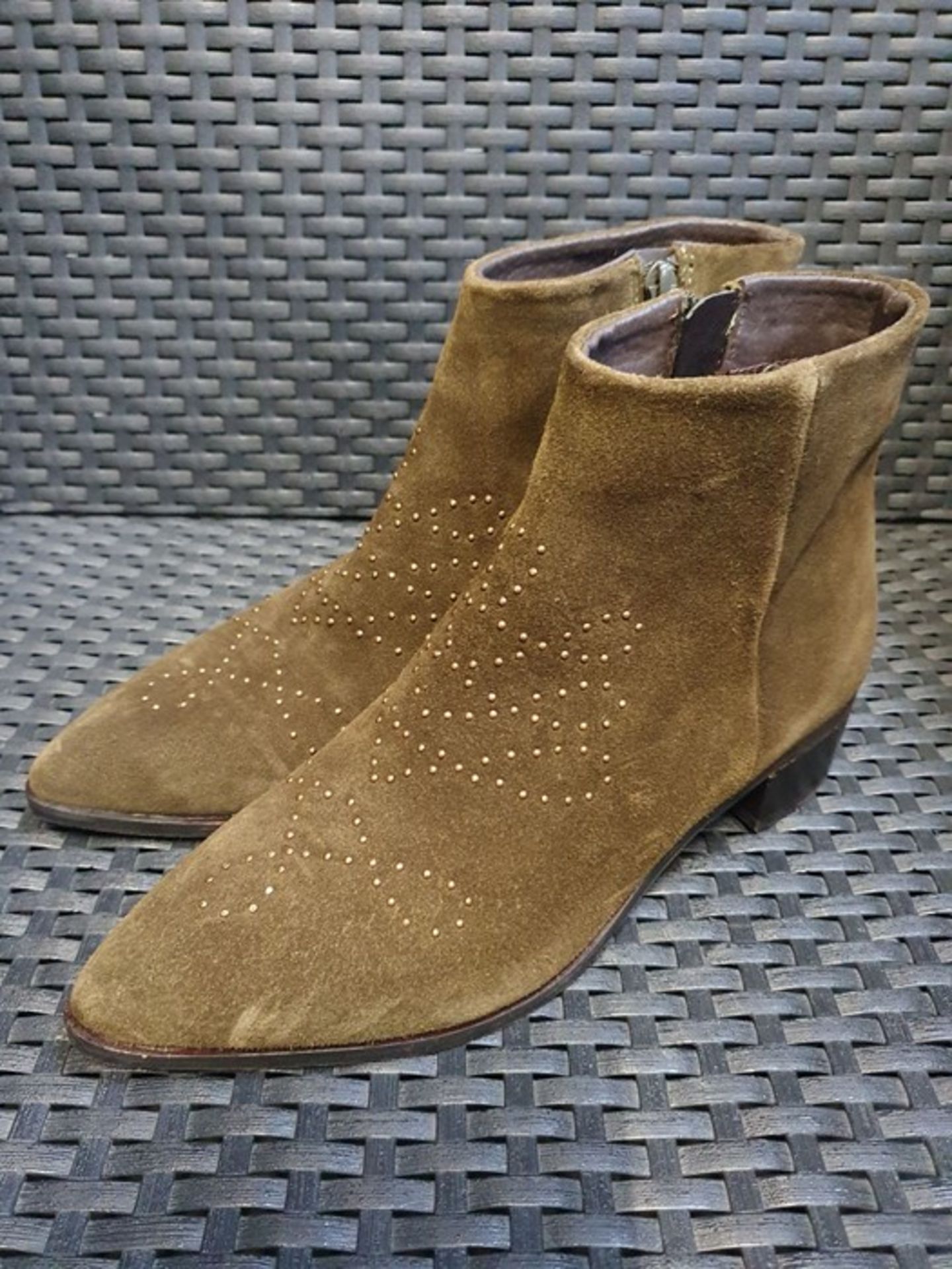 ONE PAIR OF LA REDOUTE COLLECTIONS STUDDED SUEDE ANKLE BOOTS IN KHAKI - SIZE UK 5.5. RRP £88.00.