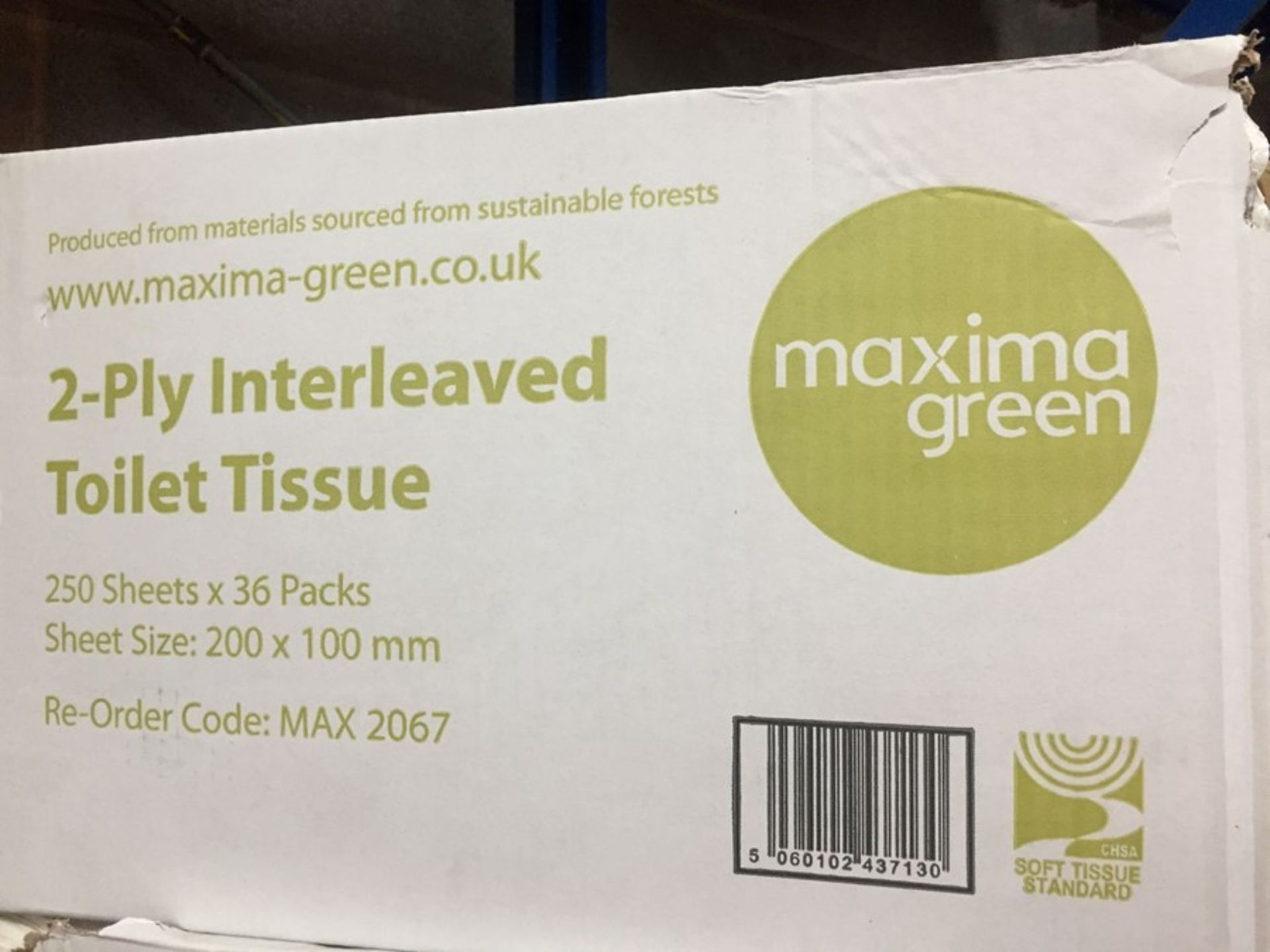 1 LOT TO CONTAIN A BOX OF MAXIMA GREEN 2 PLY INTERLEAVED TOILET TISSUE