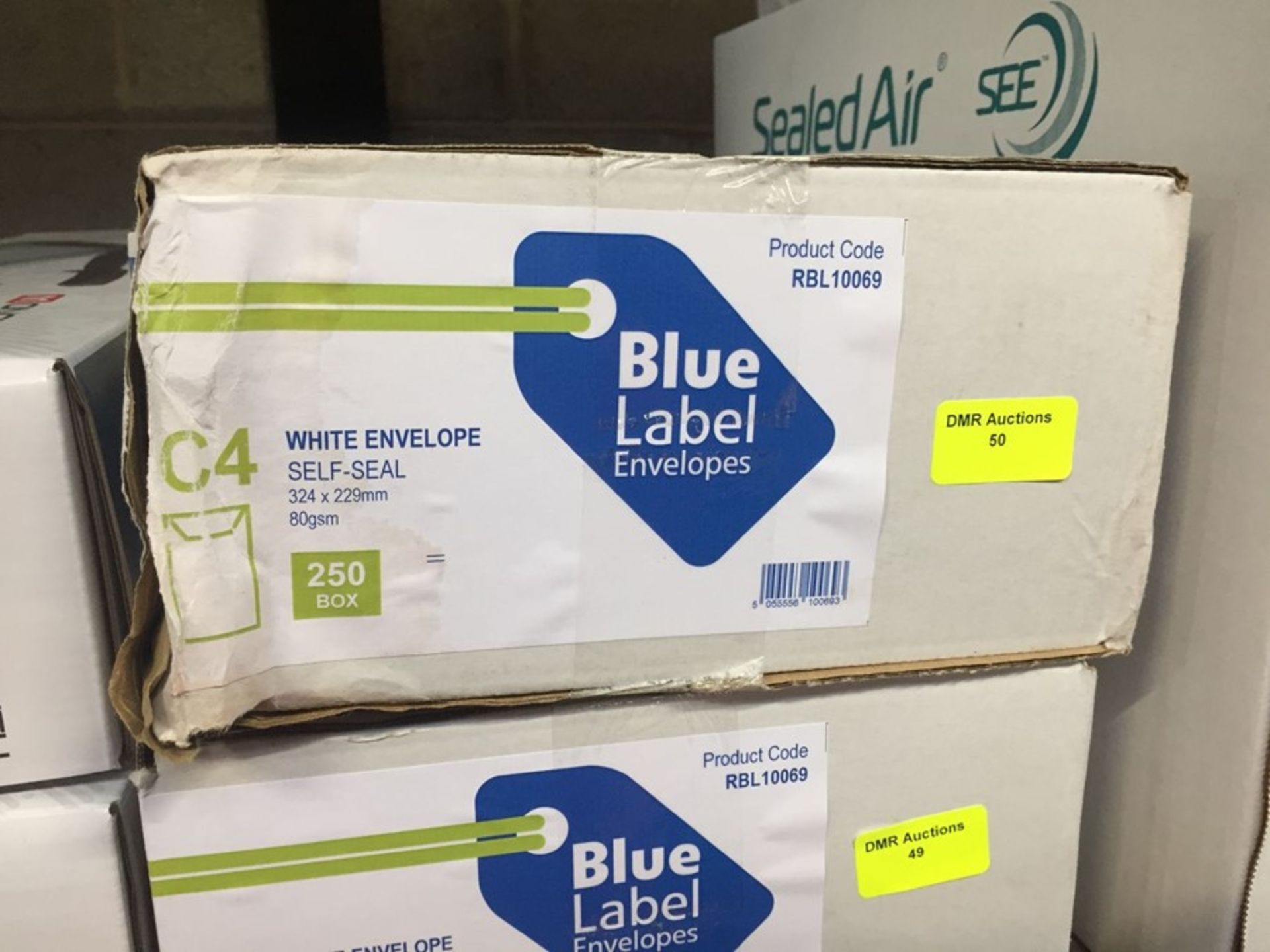 1 LOT TO CONTAIN A BOX OF BLUE LABEL ENVELOPES WHITE SELF SEAL ENVELOPES 324 X 229MM 80GSM