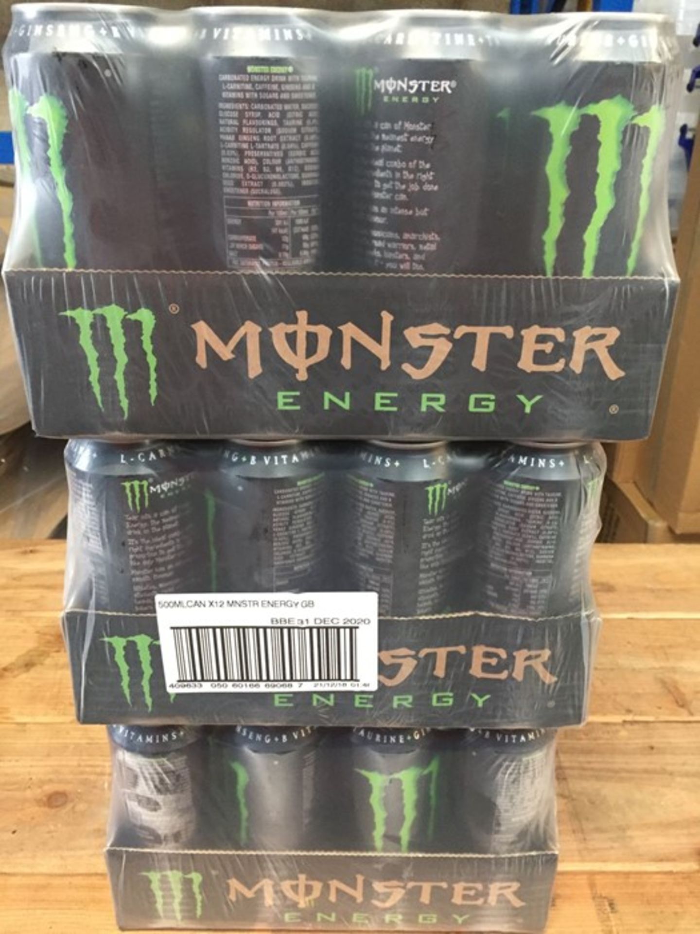 1 LOT TO CONTAIN 3 PACKS OF 12 X 500ML CANS OF MONSTER ENERGY BB 31 DEC 2020, 36 CANS IN TOTAL FOR