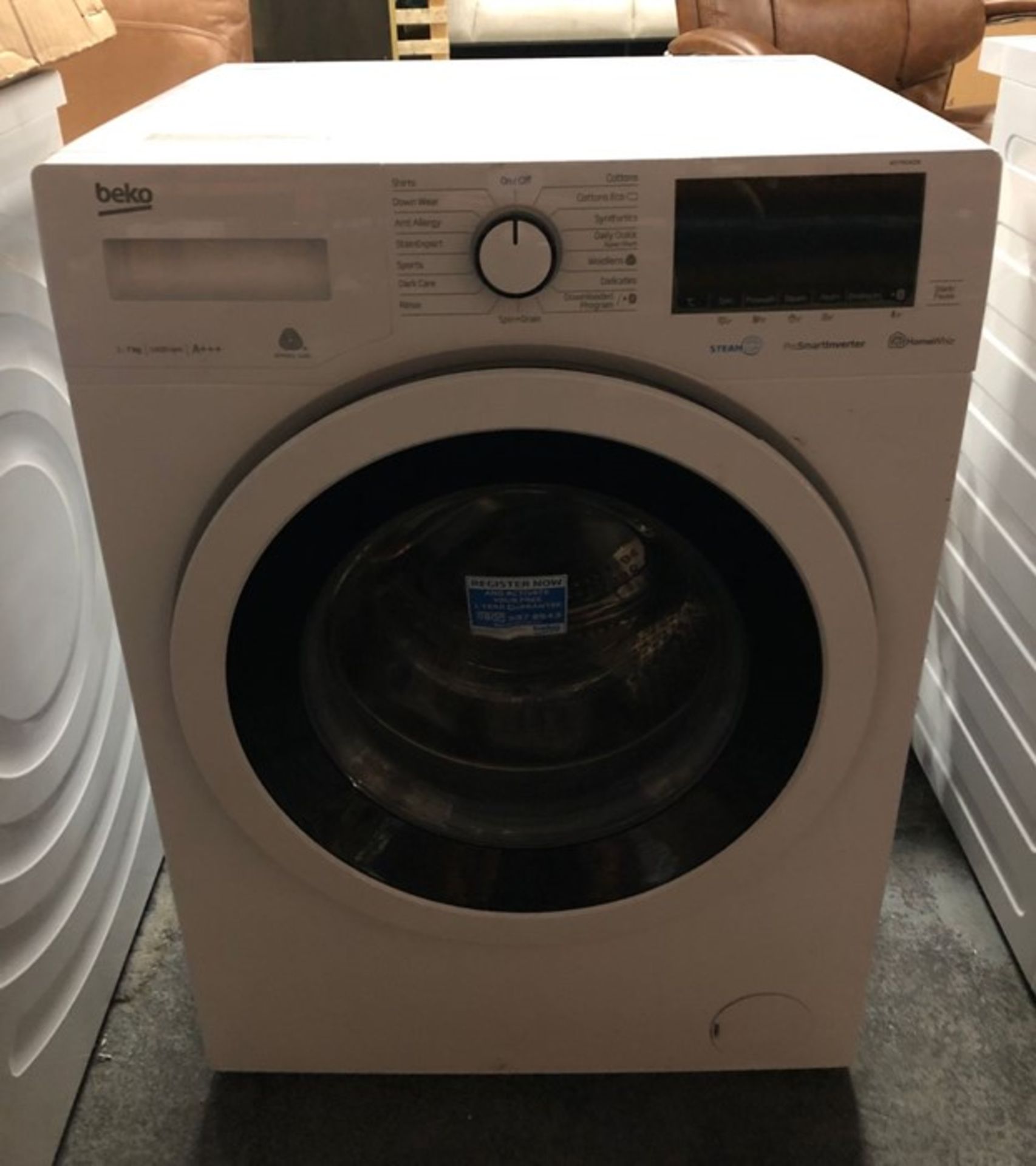 BEKO WASHING MACHINE - WY74042W / UNTESTED CUSTOMER RETURN. APPEARS UNUSED. INSTRUCTIONS PRESENT.