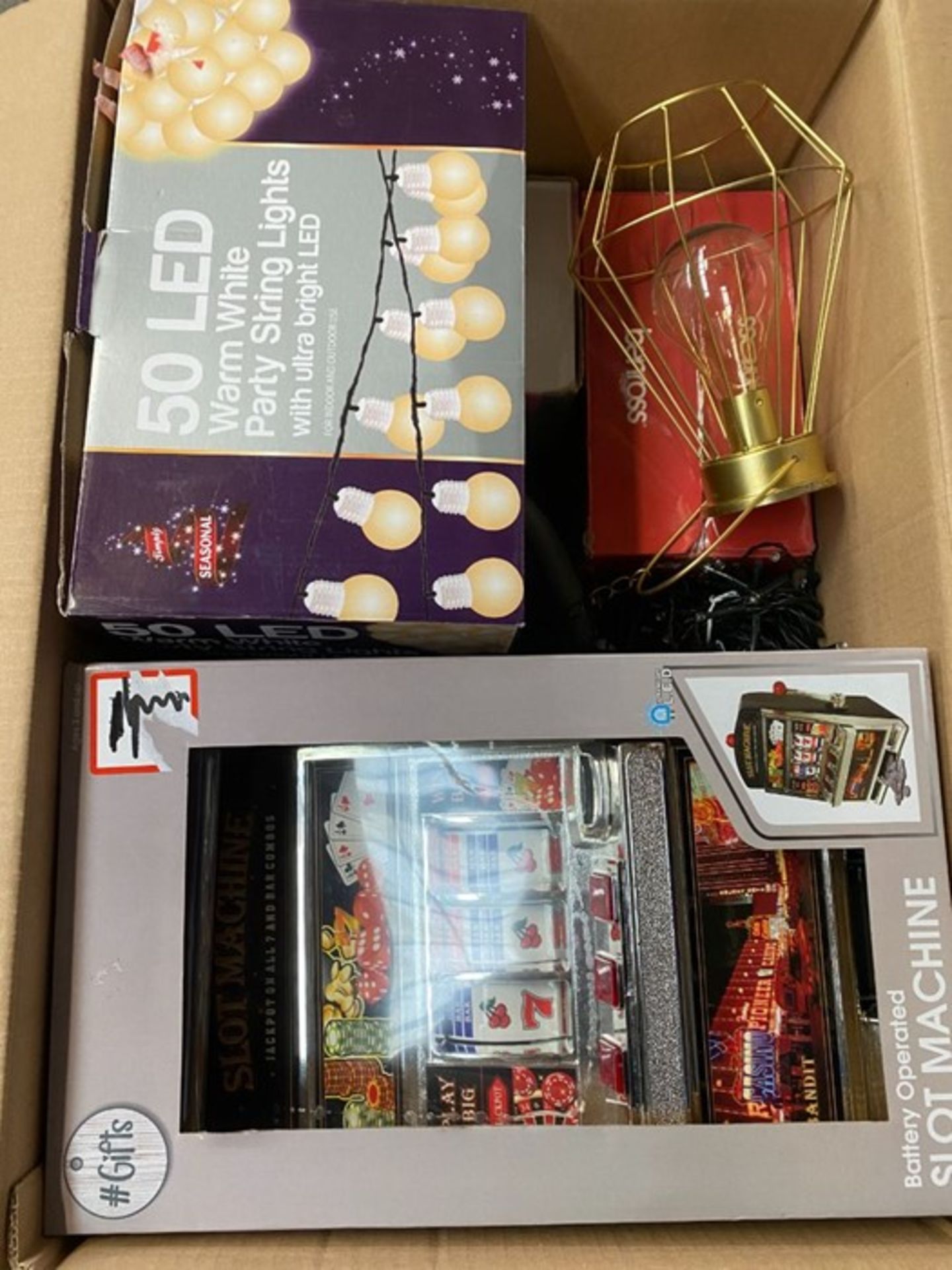 ONE LOT TO CONTAIN TOY BANDIT, 50 LED WARM LIGHT, A DOUGHNUT MAKER, A FAN HEATER AND A LAMP (