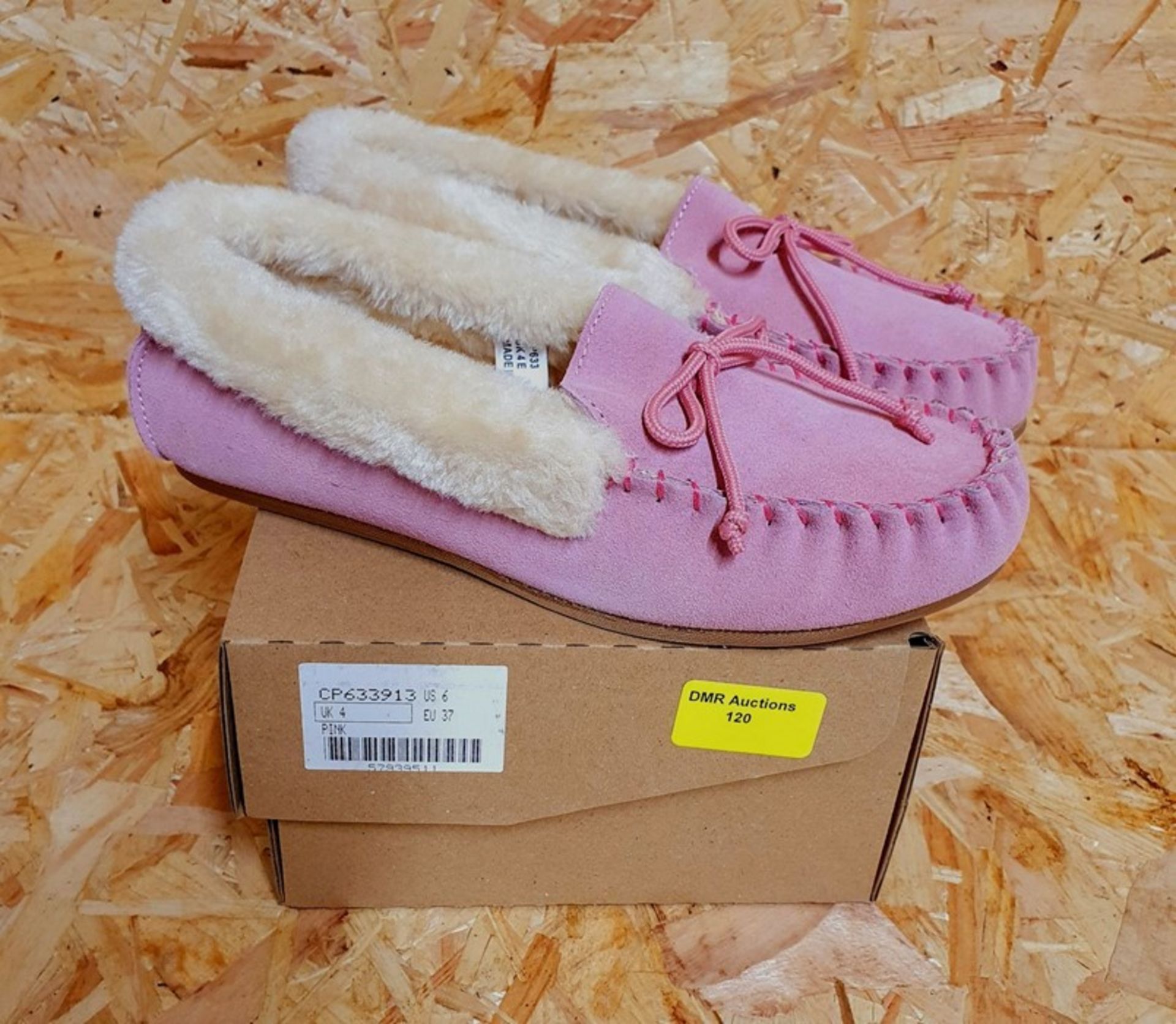 LADIES LEATHER FUR LINED SLIPPERS - UK SIZE 4/PINK