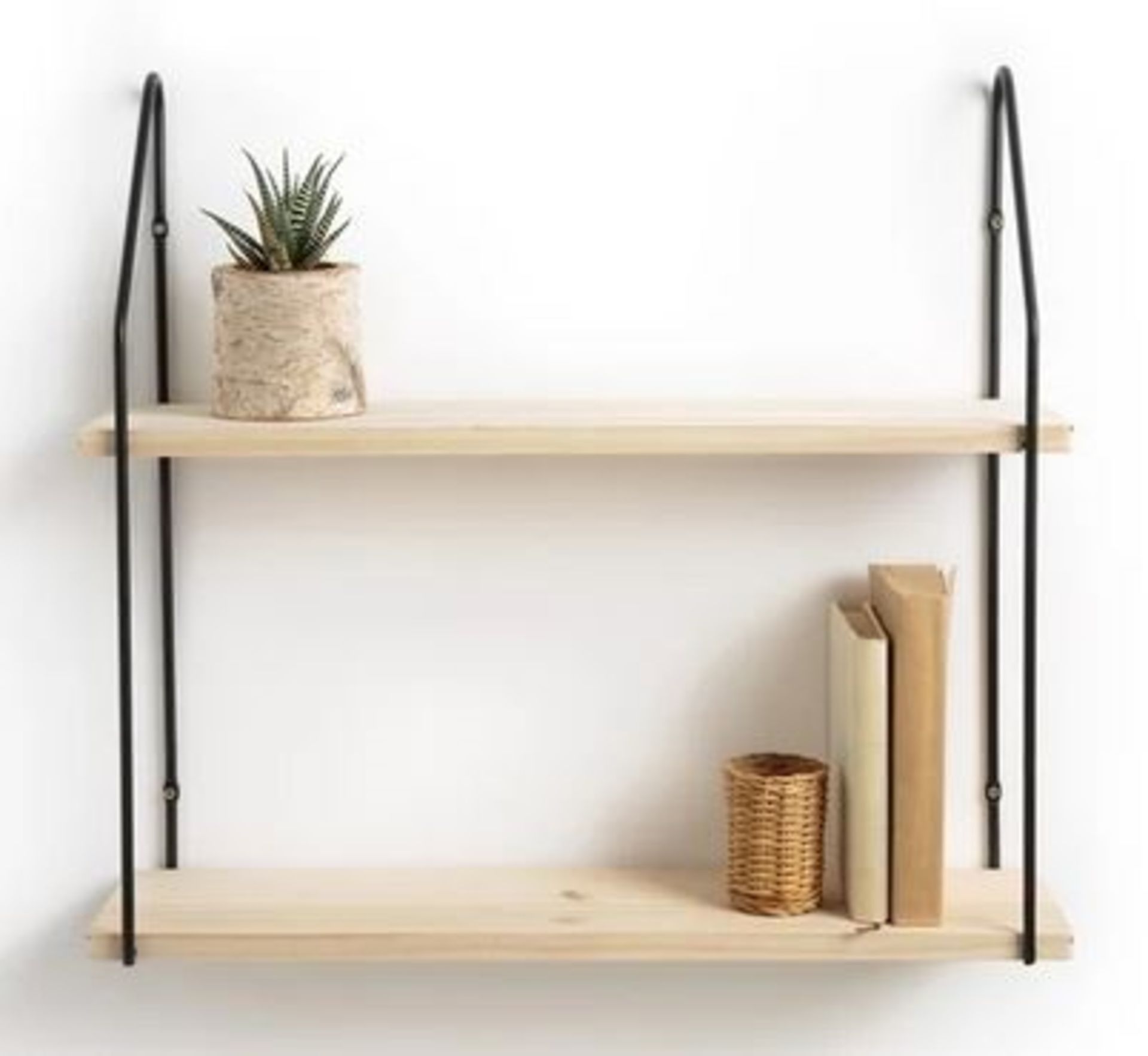 1 X LA REDOUTE VINTO DOUBLE PINE AND METAL WALL SHELVES IN BLACK AND NATURAL 65CM X 59CM / RRP £46.