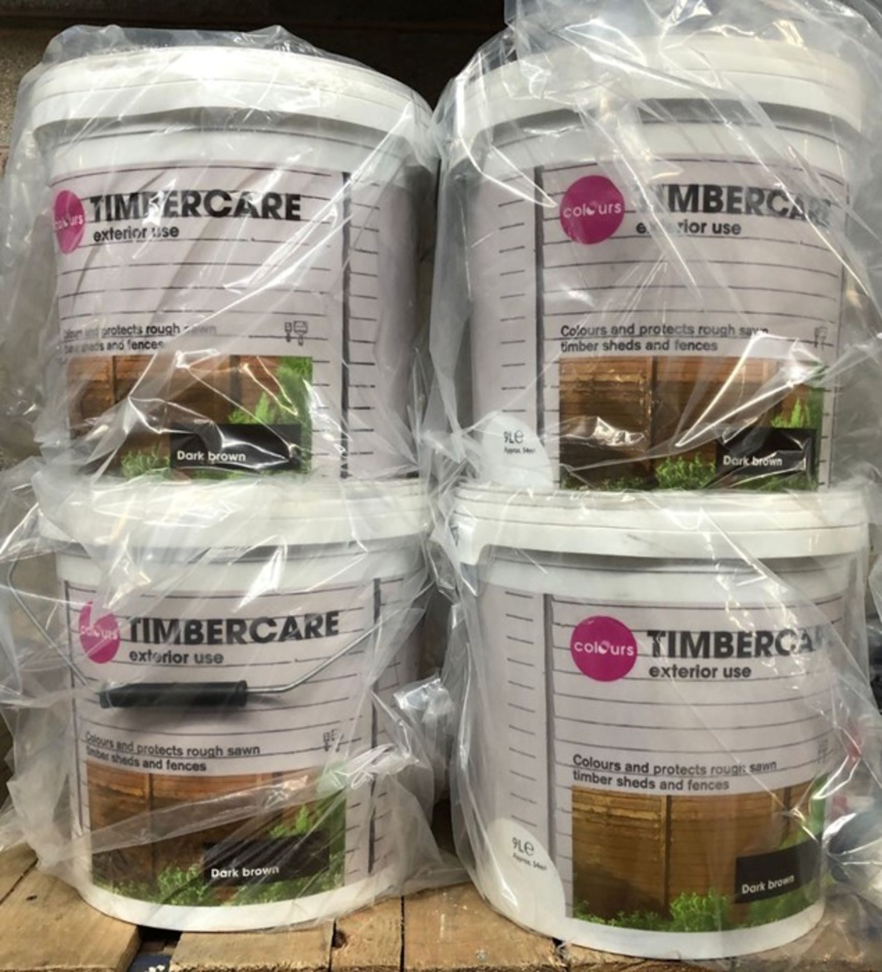 4 X 9L TUBS OF COLOURS TIMBERCARE - DARK BROWN / CUSTOMER RETURNS