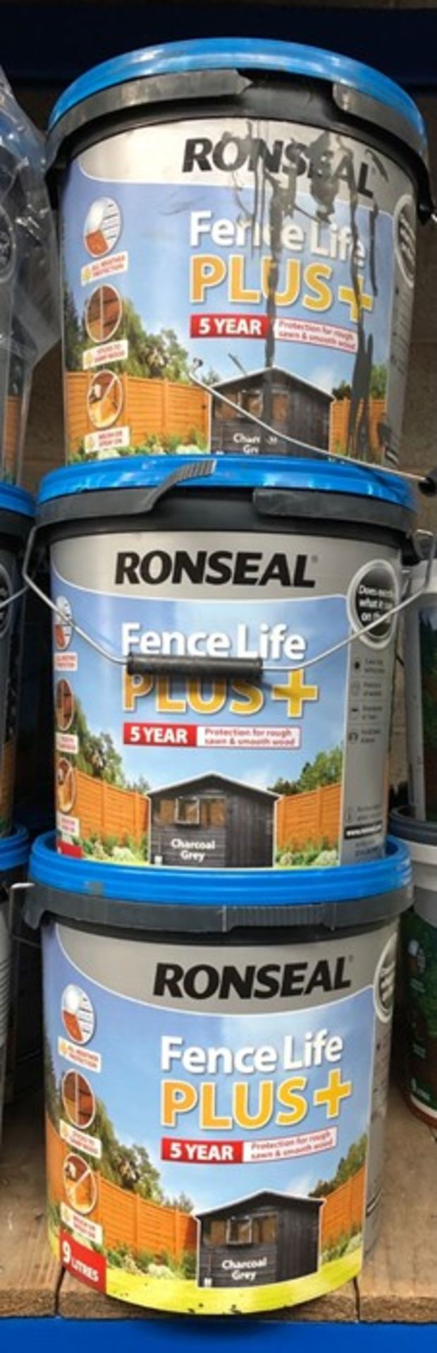 7 X 9L TUBS OF RONSEAL FENCE LIFE PLUS+ PAINT - CHARCOAL GREY / CUSTOMER RETURNS