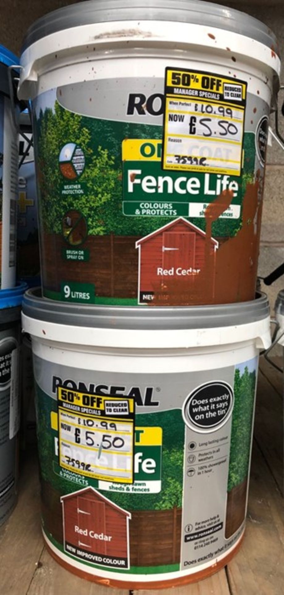 4 X 9L TUBS OF RONSEAL FENCE LIFE PAINT - RED CEDAR / CUSTOMER RETURNS