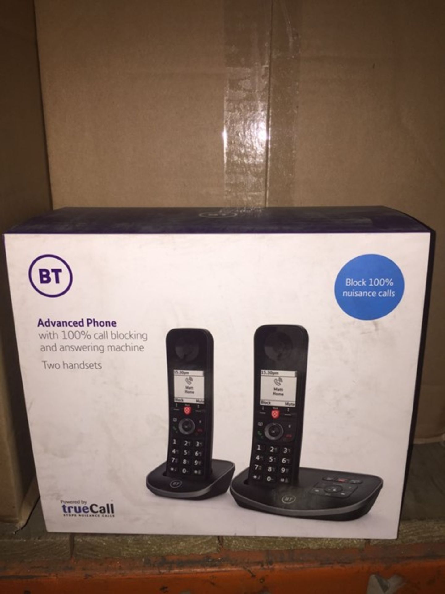 1 LOT TO CONTAIN A BT TRUECALL ADVANCED PHONE WITH TWO HANDSETS, ITEM IS FACTORY PACKAGED HOWEVER IT
