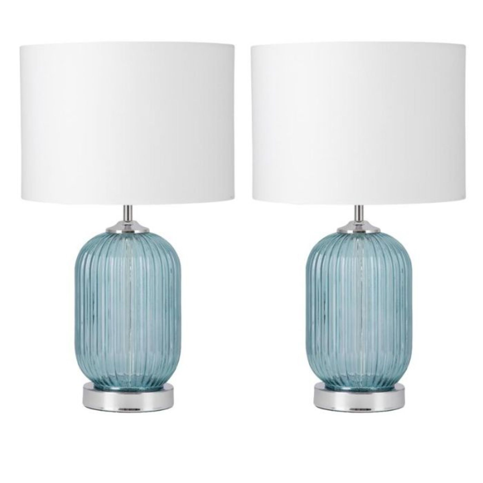 SET OF 2 TURQUOISE RIBBED GLASS LAMPS WITH WHITE SHADES BY BRAYDEN STUDIO