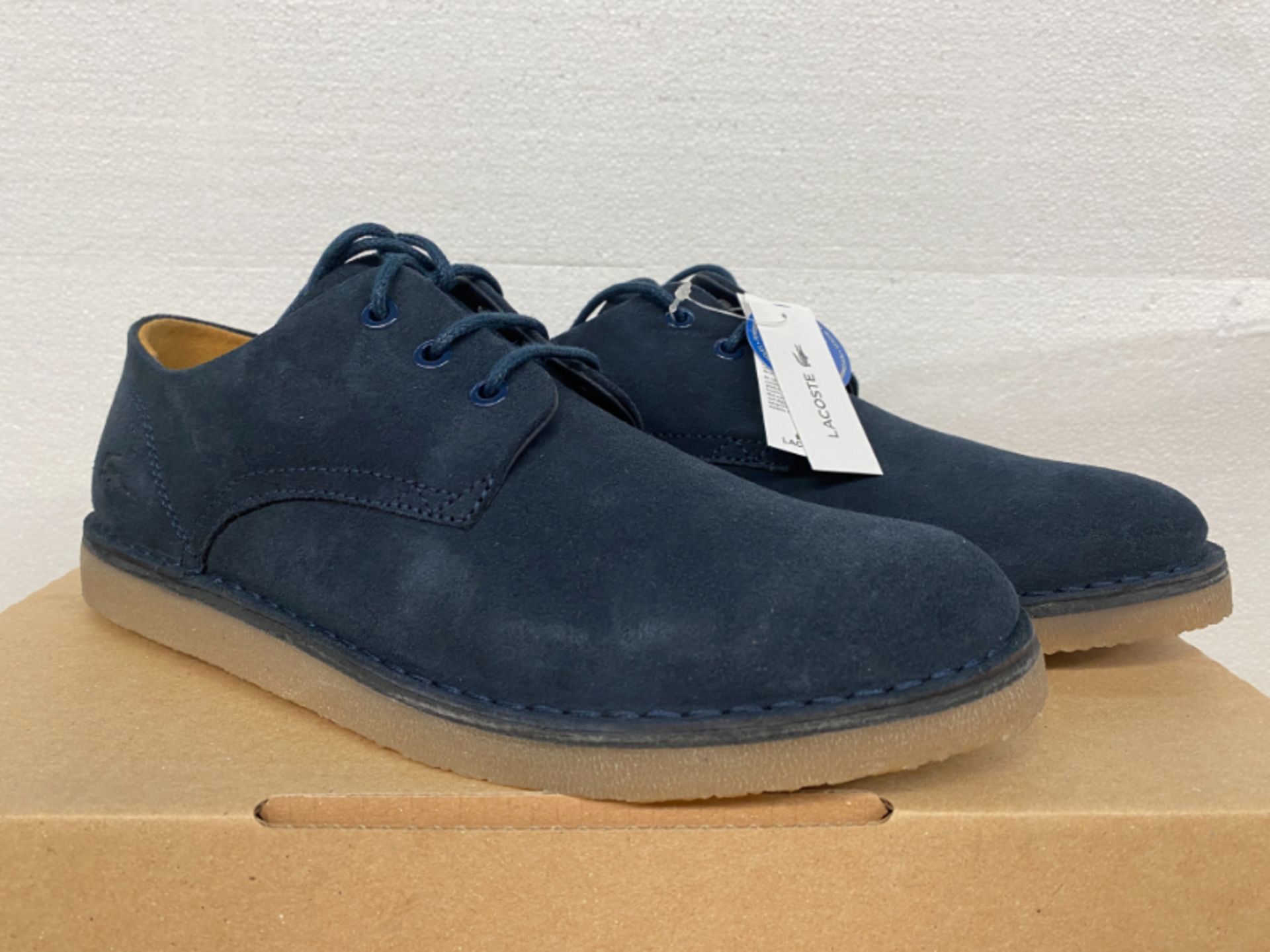 1 LOT TO CONTAIN AN AS NEW BOXED PAIR OF LA COSTE UK SIZE 8 SHOE IN NAVY