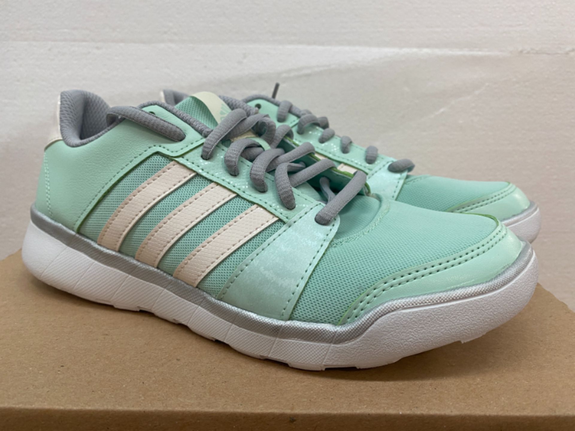 1 LOT TO CONTAIN AN AS NEW BOXED PAIR OF ADIDAS UK SIZE 4 ESSENTIAL FUN TRAINING SHOE IN MINT