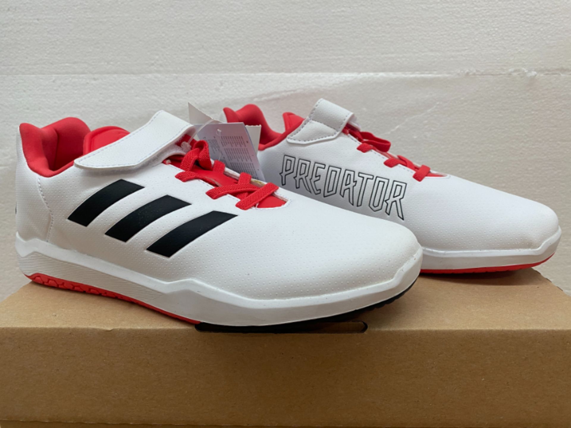 1 LOT TO CONTAIN AN AS NEW BOXED PAIR OF ADIDAS UK SIZE 5 ALTA TURF PREDITOR TRAINER IN WHITE