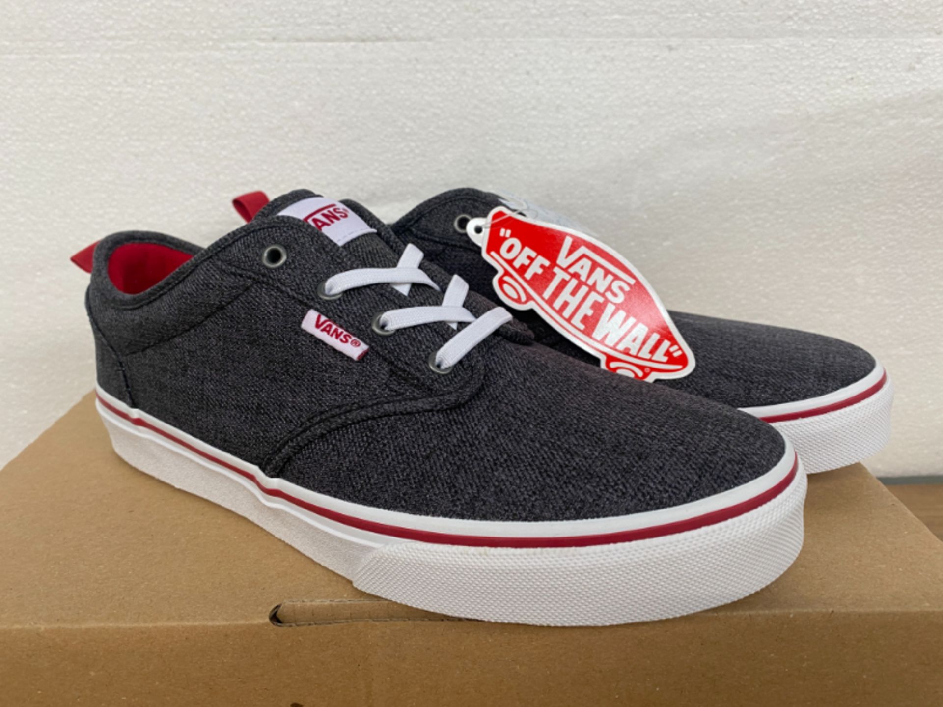 1 LOT TO CONTAIN AN AS NEW BOXED PAIR OF VANS UK SIZE 4 CANVAS TRAINER IN GREY AND RED