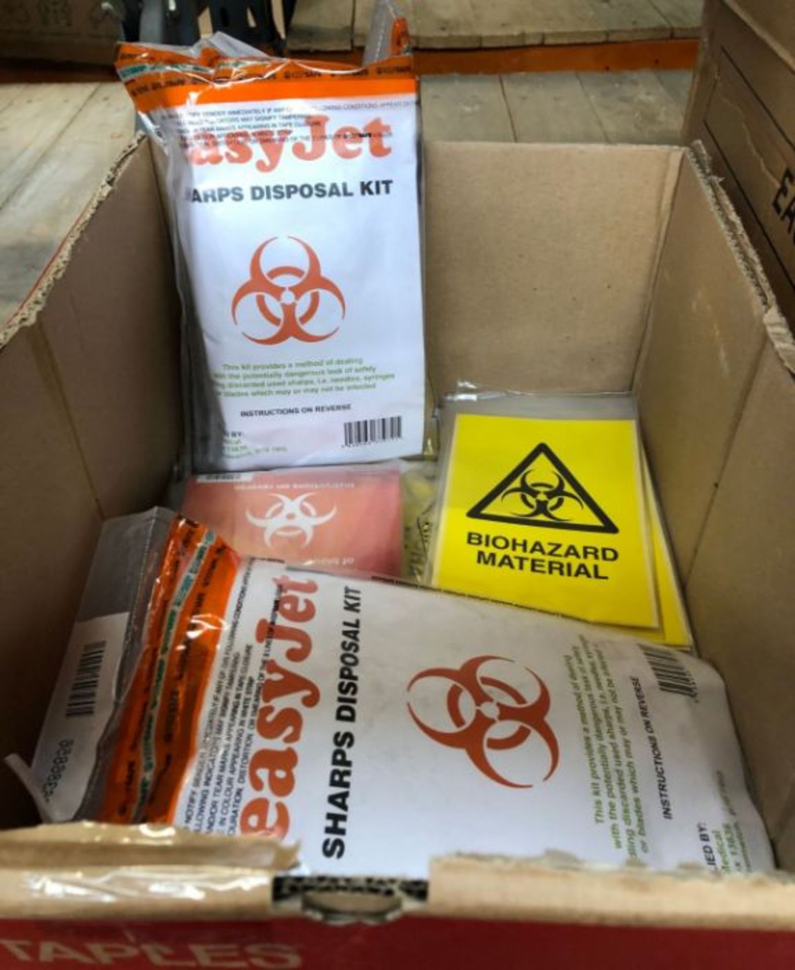 1 X SMALL BOX TO CONTAIN EASYJET SHARPS DISPOSAL KITS AND BIOHAZARD MATERIAL STICKERS / AS NEW